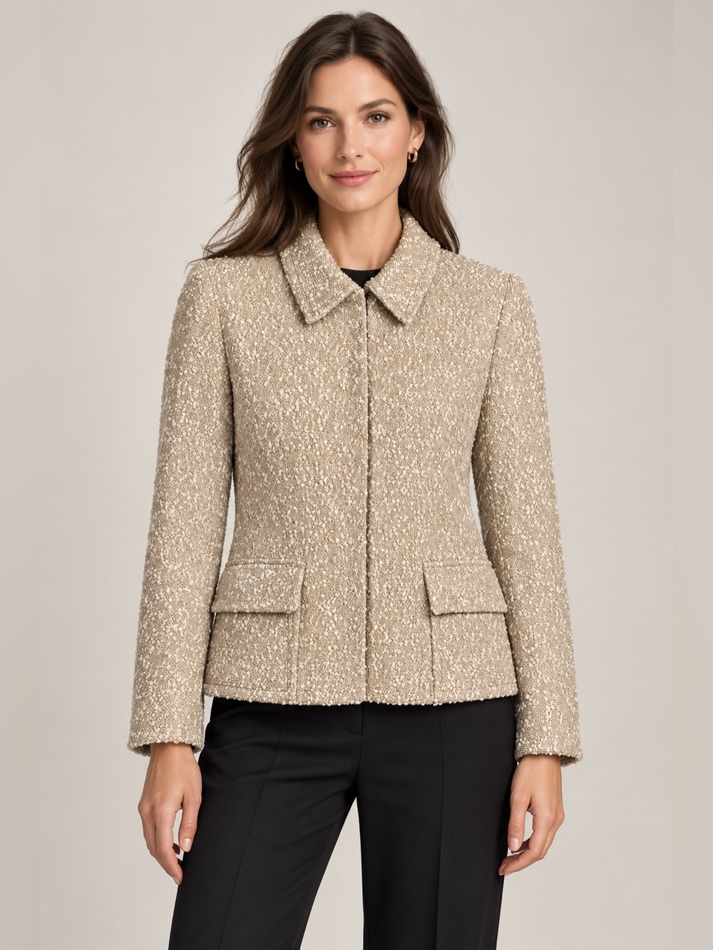 Akris Bouclé Wool Jacket US 10 Beige Lamb Leather Trim Silk Lined